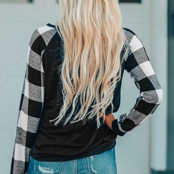 NEW! Black White Buffalo Check Sleeve Shirt Sequin - Picture 4 of 14